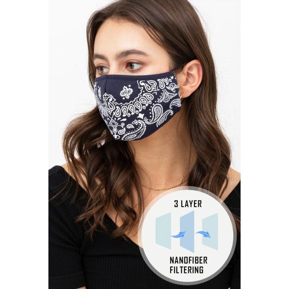 Navy Paisley Reusable 3 Layer Filter Pocket Mask - Picture 2 of 8